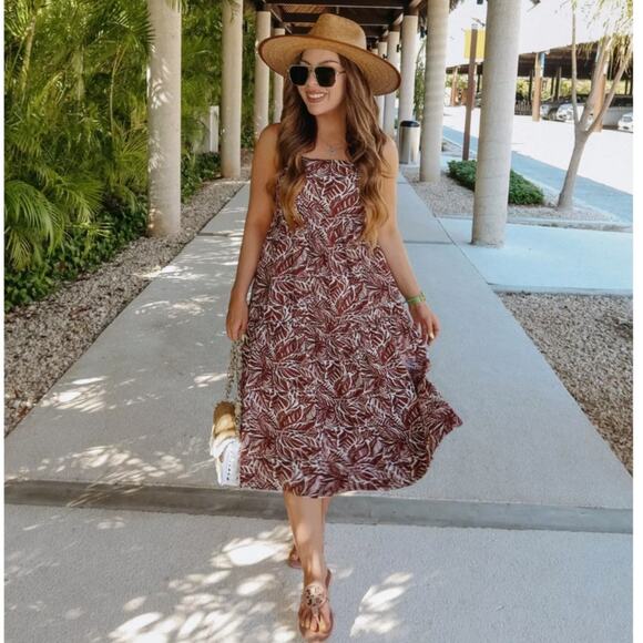 ABERCROMBIE & FITCH Trapeze Midi Dress Palm Brown White Sz L {Y22} - Picture 1 of 7